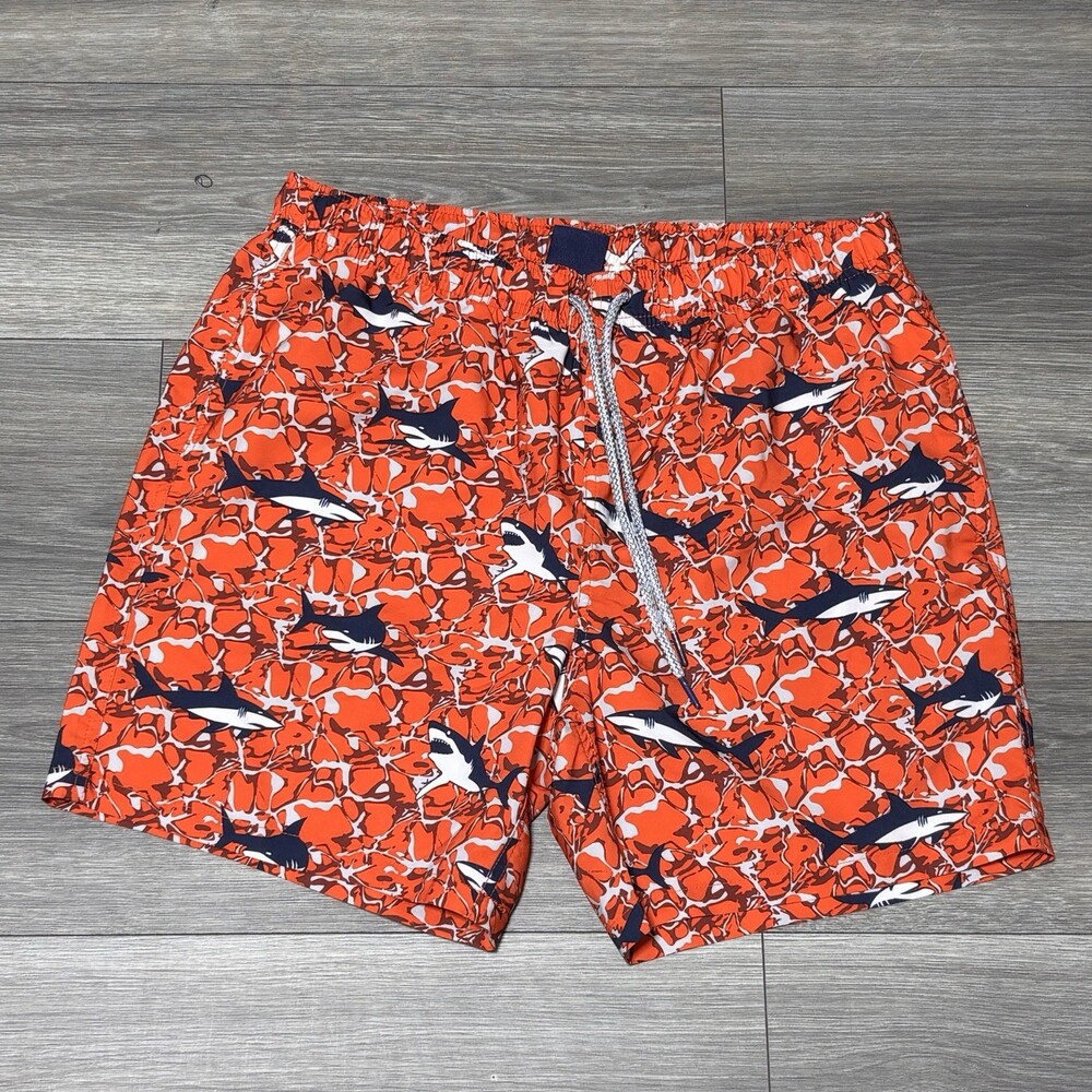 Rainforest Shark Print Swim Trunks Men’s Medium Orange Mesh Lined